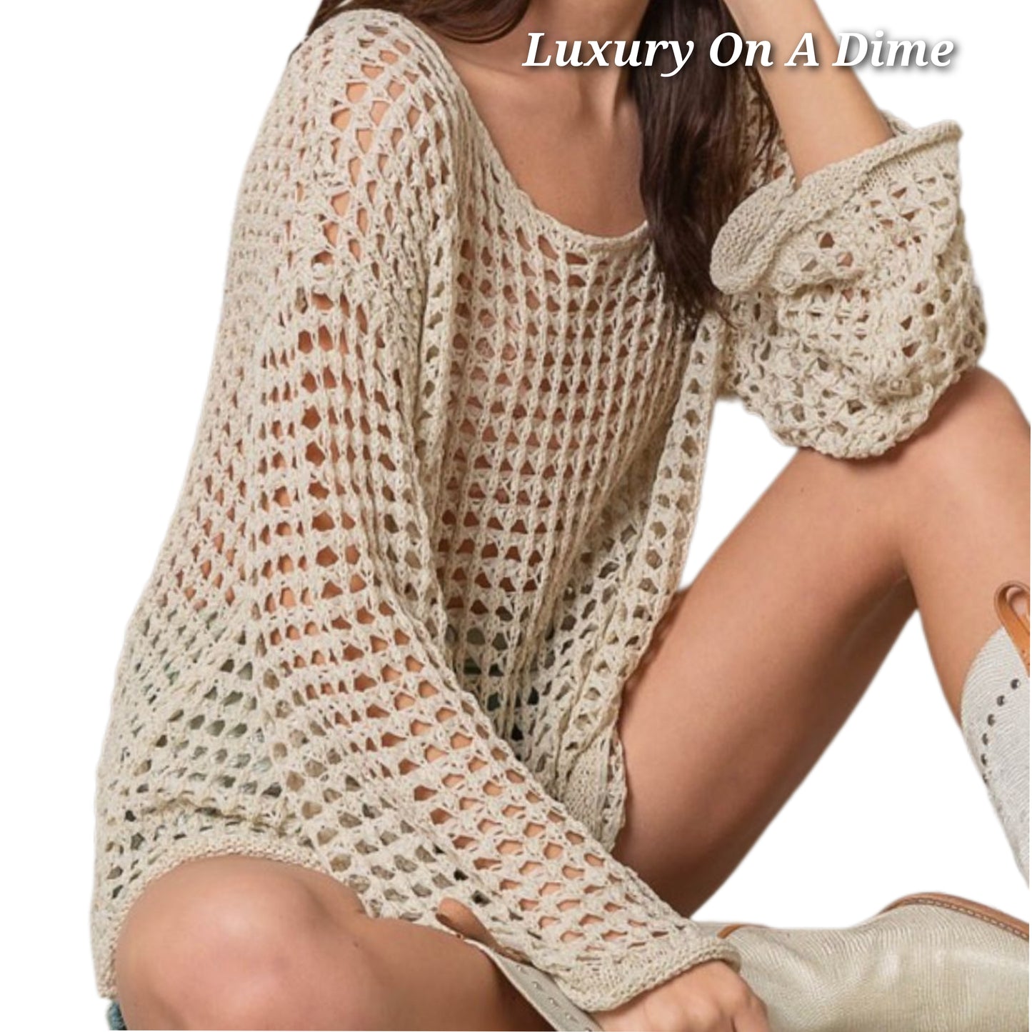 POL Openwork Crochet Knit Retro Flare Bell Sleeve Top Oversized Boho Hippy Shirt Natural Tan