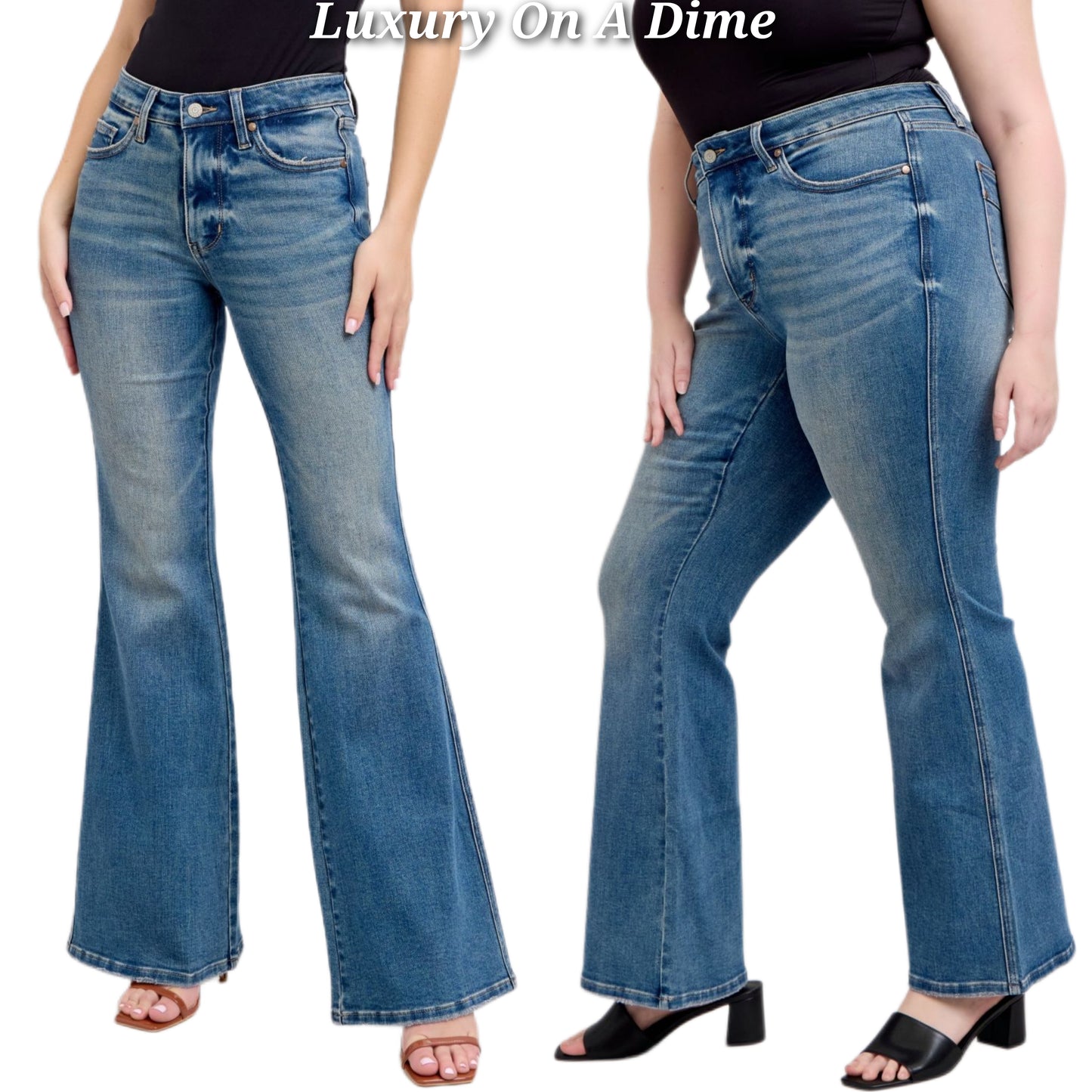 Judy Blue Tummy Control Flare Mid-Rise Slim Fit Pants Denim Jeans Vintage Wash