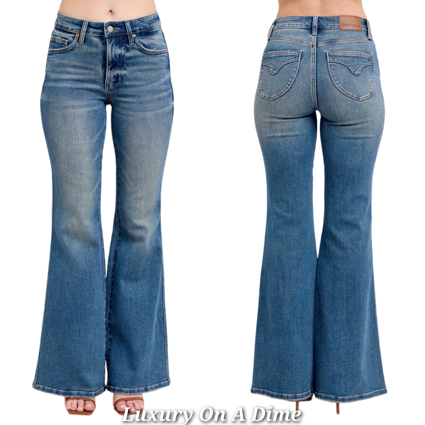 Judy Blue Tummy Control Flare Mid-Rise Slim Fit Pants Denim Jeans Vintage Wash