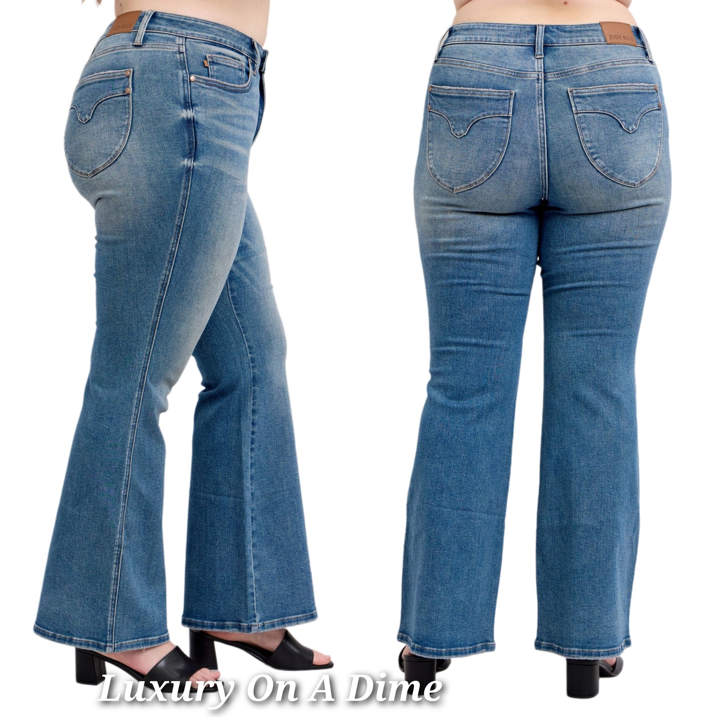 Judy Blue Tummy Control Flare Mid-Rise Slim Fit Pants Denim Jeans Vintage Wash