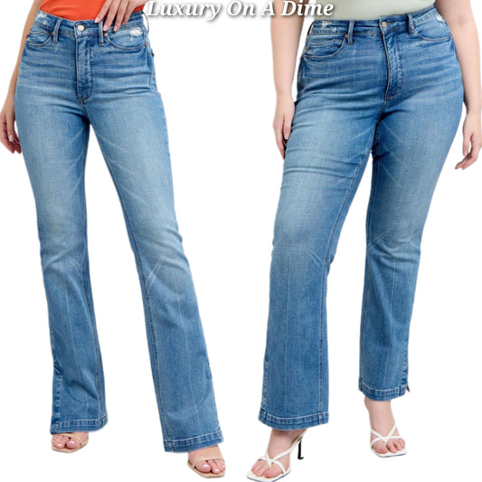 Judy Blue Slim High-Rise Tummy Control Slit Bootcut Jeans Distressed Denim Pants