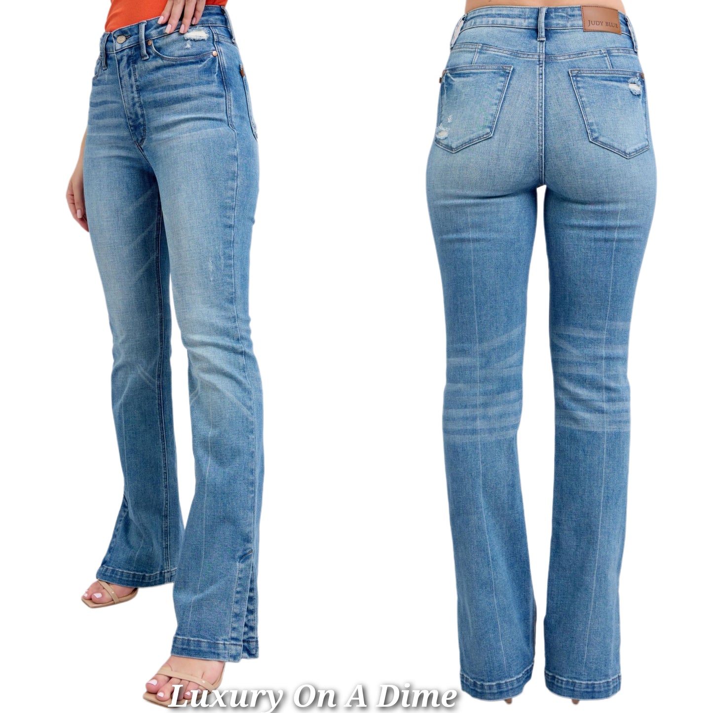 Judy Blue Slim High-Rise Tummy Control Slit Bootcut Jeans Distressed Denim Pants