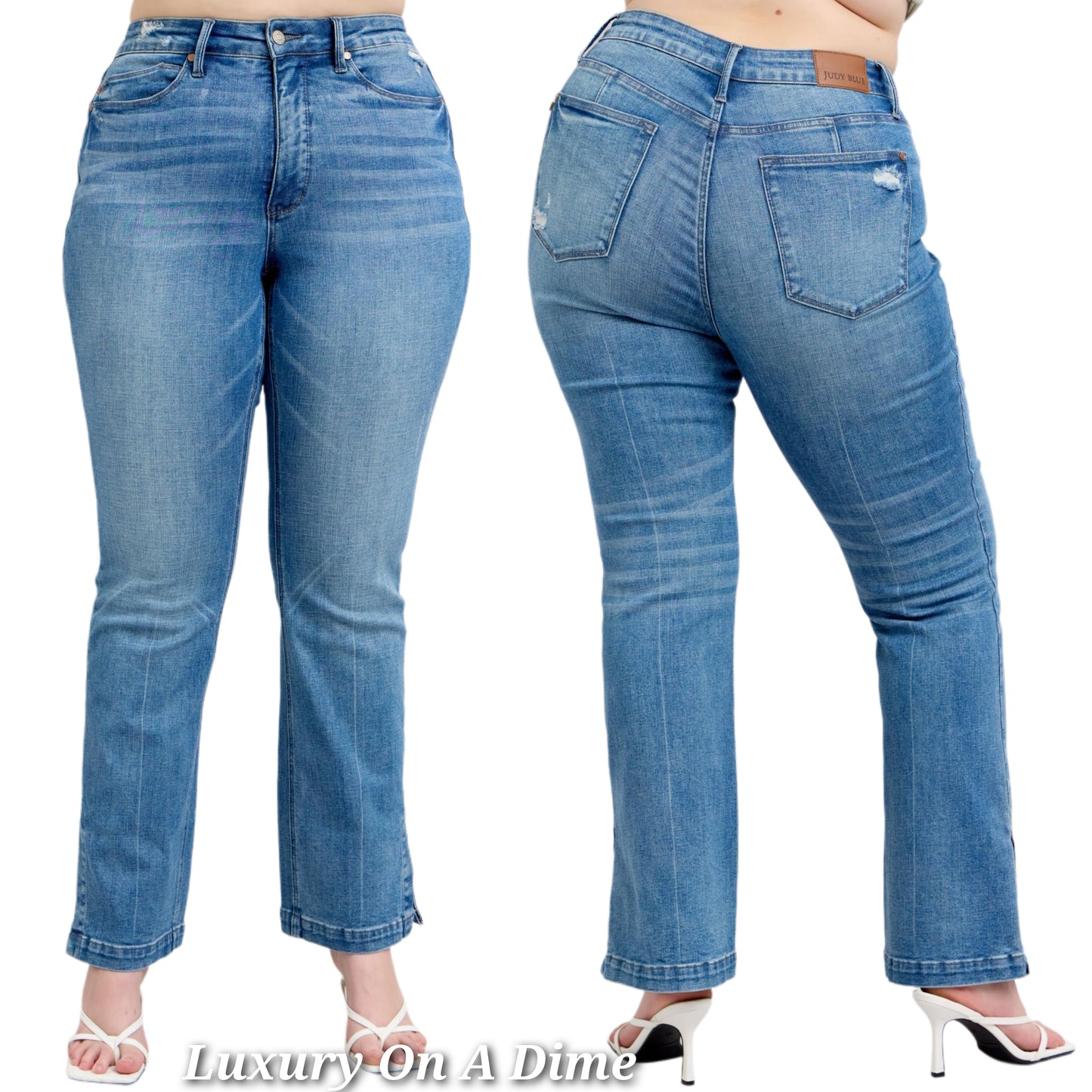 Judy Blue Slim High-Rise Tummy Control Slit Bootcut Jeans Distressed Denim Pants