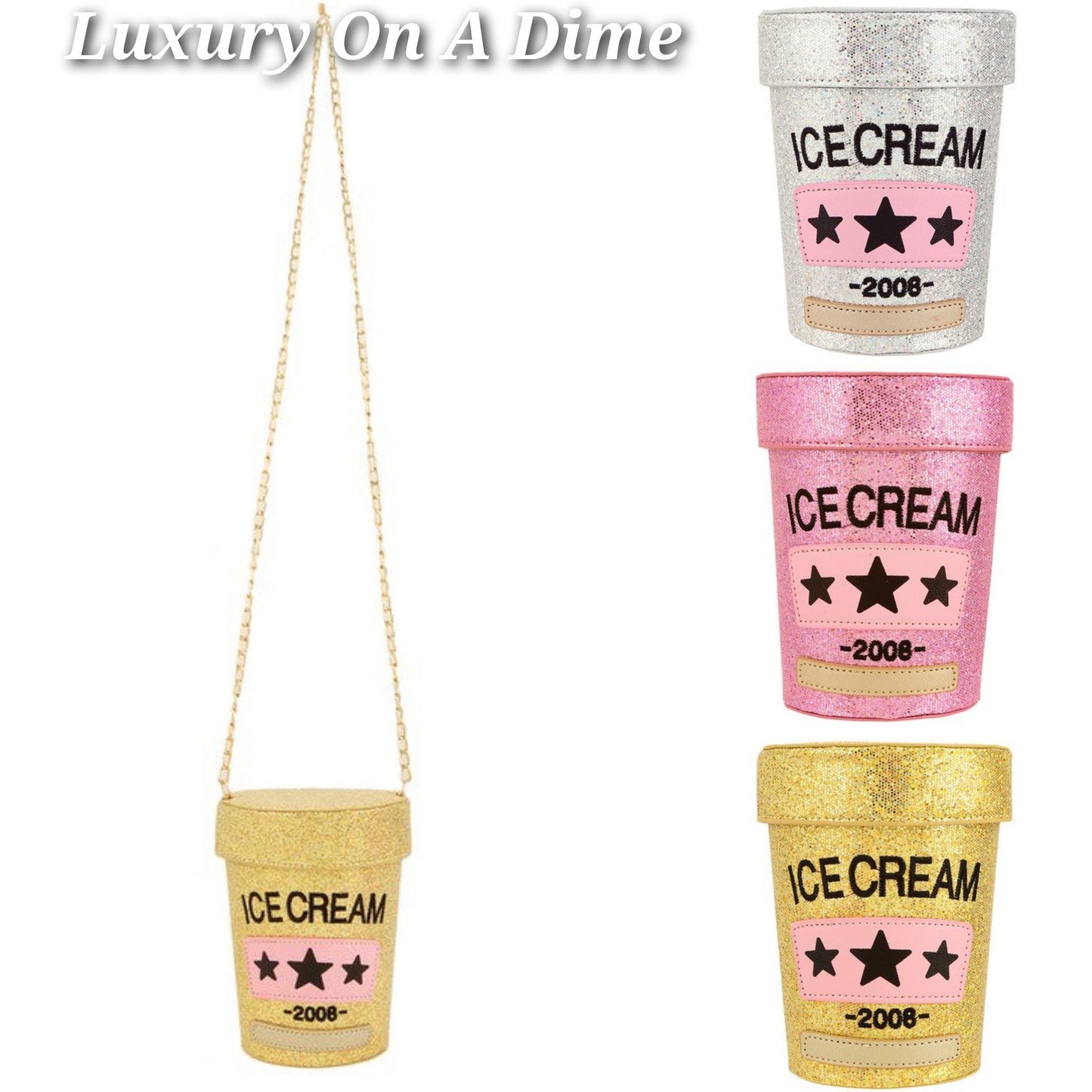 Glitter Ice Cream Pint Purse Novelty Convertible Shoulder Crossbody Bucket Bag