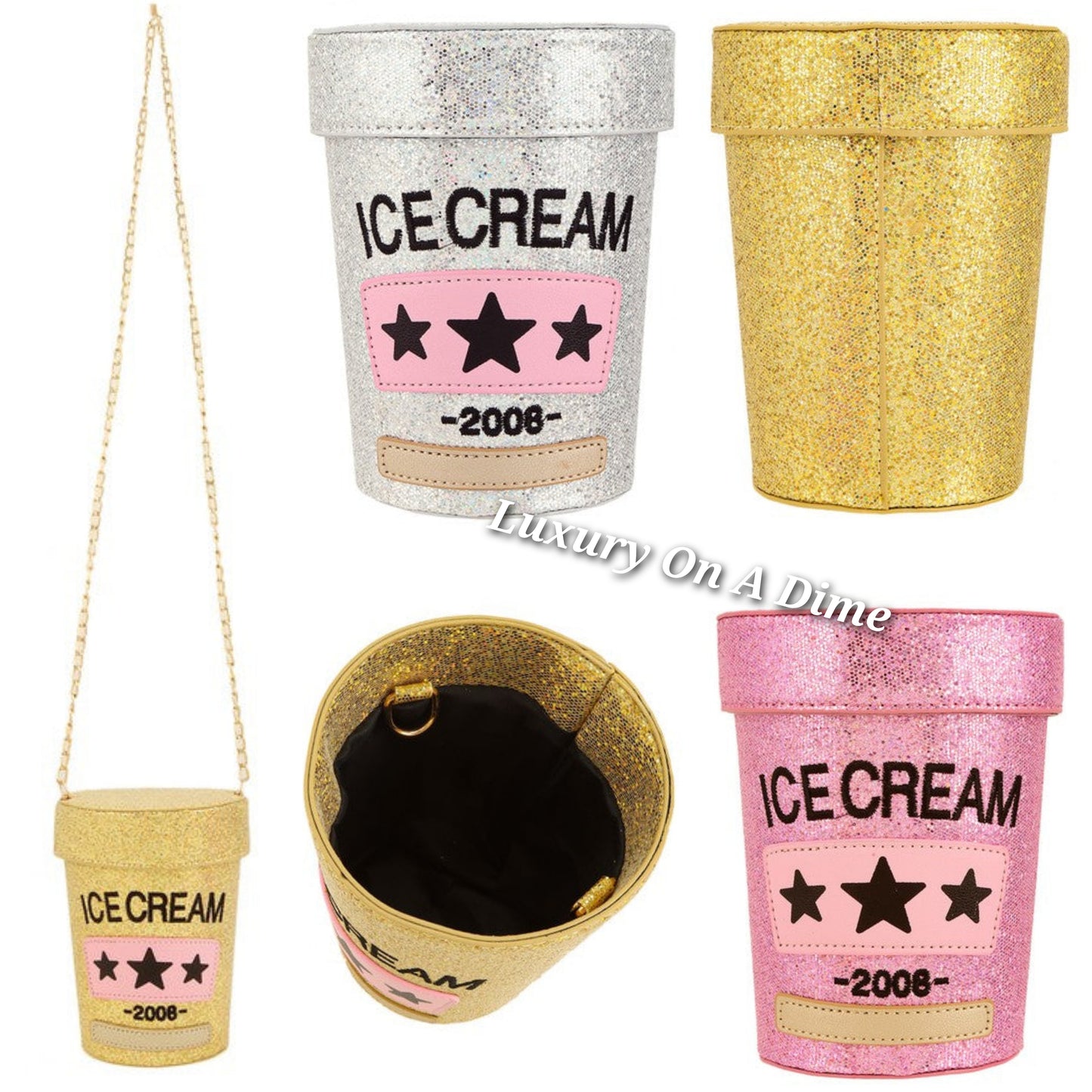 Glitter Ice Cream Pint Purse Novelty Convertible Shoulder Crossbody Bucket Bag