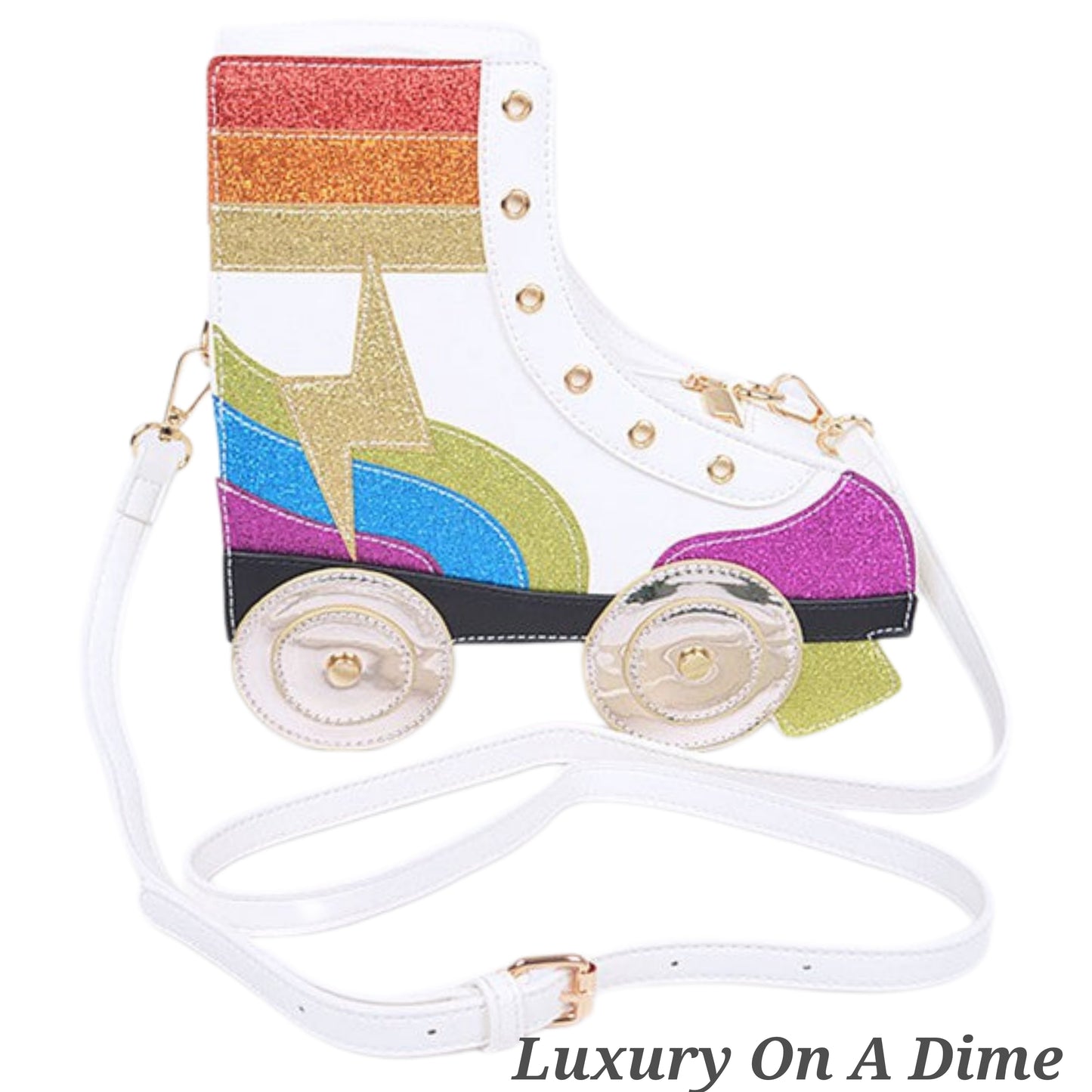 Retro Vintage Roller Skate Novelty Purse Glitter Convertible Clutch Crossbody Bag