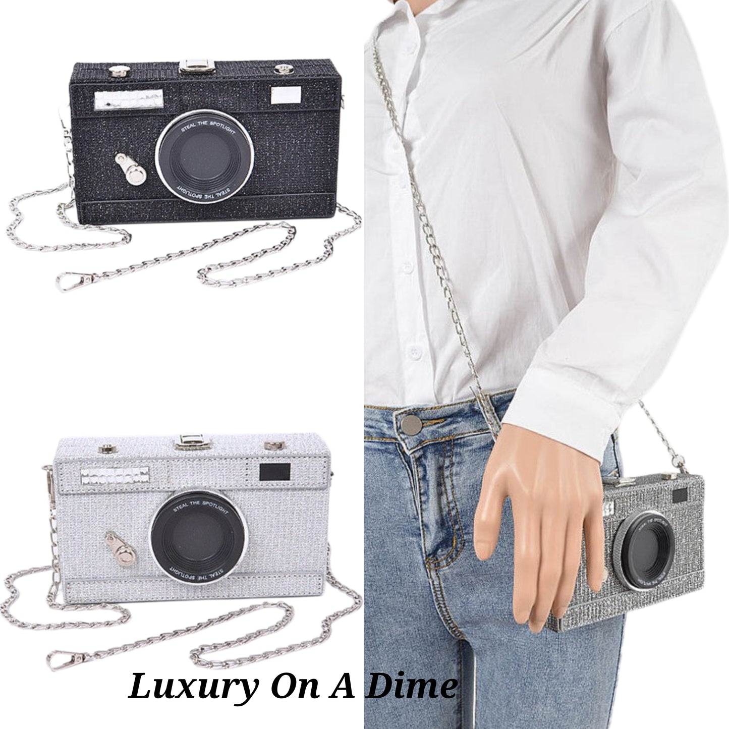 Vintage Camera Retro Purse Convertible Metallic Clutch Crossbody Novelty Bag