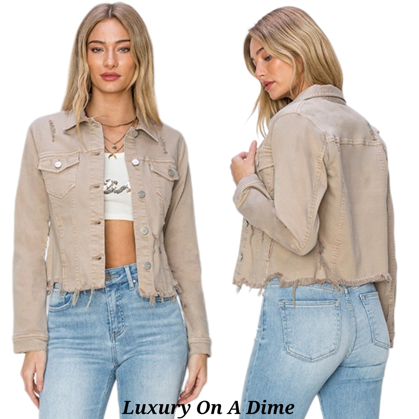 RISEN Cropped Distressed Raw Hem Denim Long Sleeve Button-up Jean Jacket Khaki