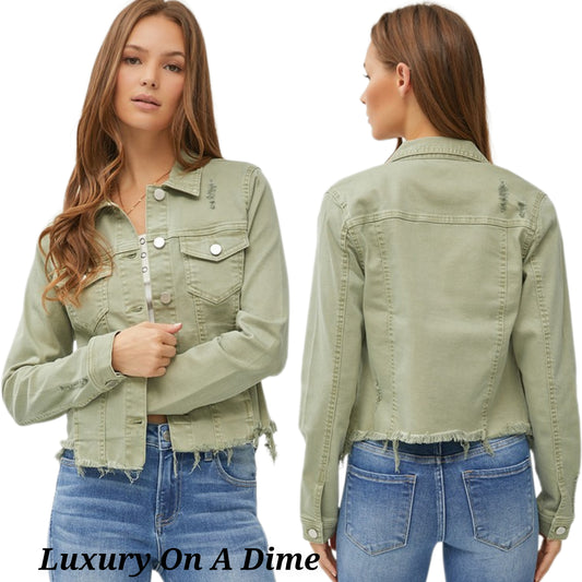 RISEN Cropped Distressed Raw Hem Denim Long Sleeve Button-up Jean Jacket Sage Green