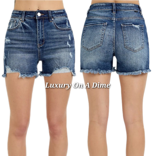 RISEN Frayed High Rise Waist Distressed Cut-off Denim Mid-length Blue Jean Shorts