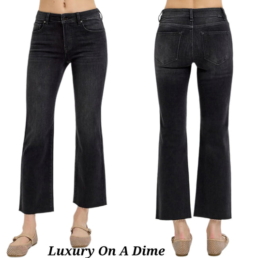 RISEN Tummy Control Mid-Rise Slim Fit Straight Leg Cropped Jeans Denim Pants