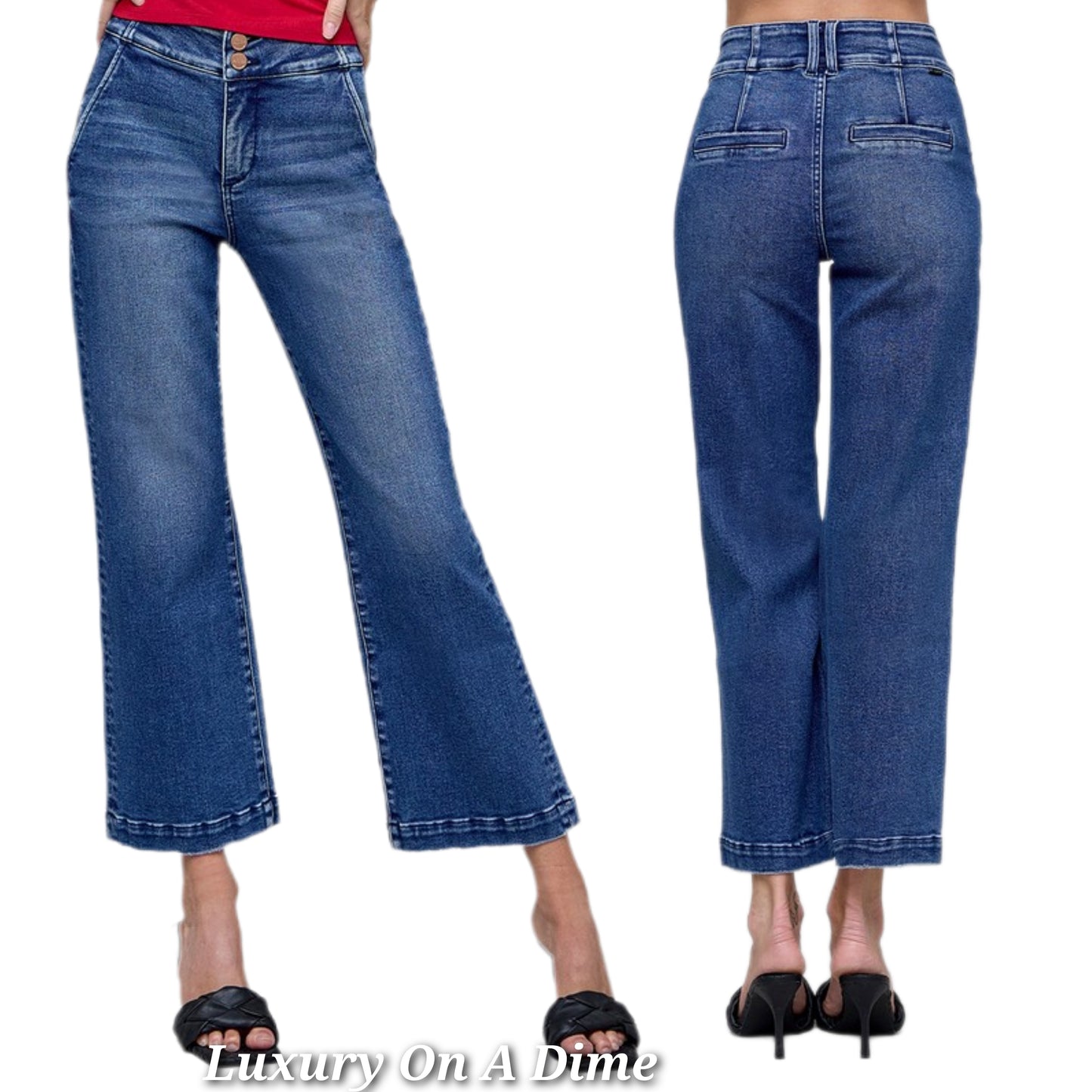 RISEN Tummy Control High-Rise Double Button Jeans Cropped Flare Denim Pants