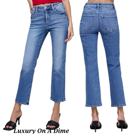 RISEN Tummy Control High-Rise Slim Fit Straight Leg Cropped Jeans Denim Pants