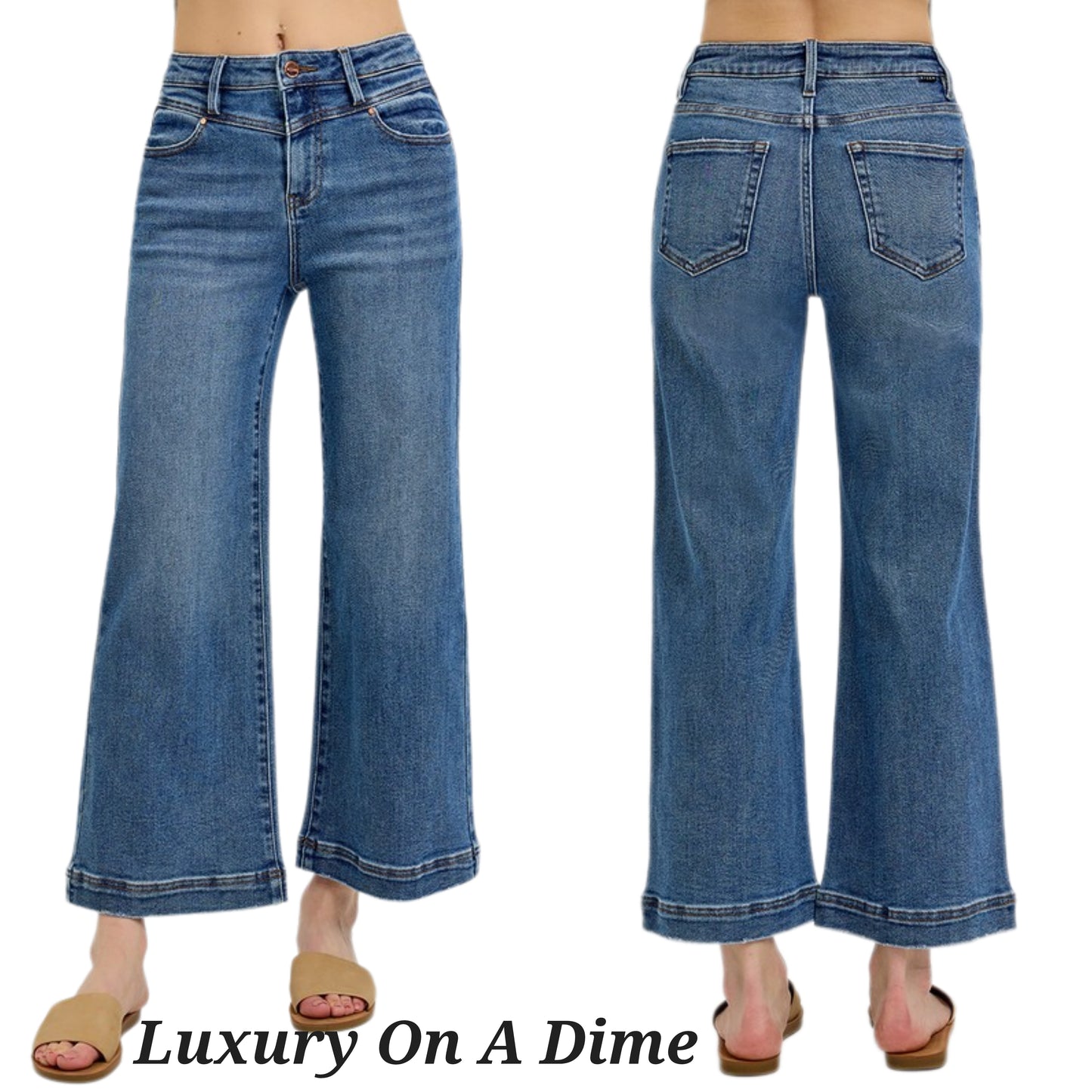 RISEN Yoke High-Rise Pants Wide Leg Cropped Ankle Boyfriend Fit Denim Jeans