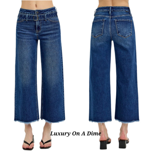 RISEN High-Rise Belted Pants Wide Leg Cropped Ankle Boyfriend Fit Denim Jeans