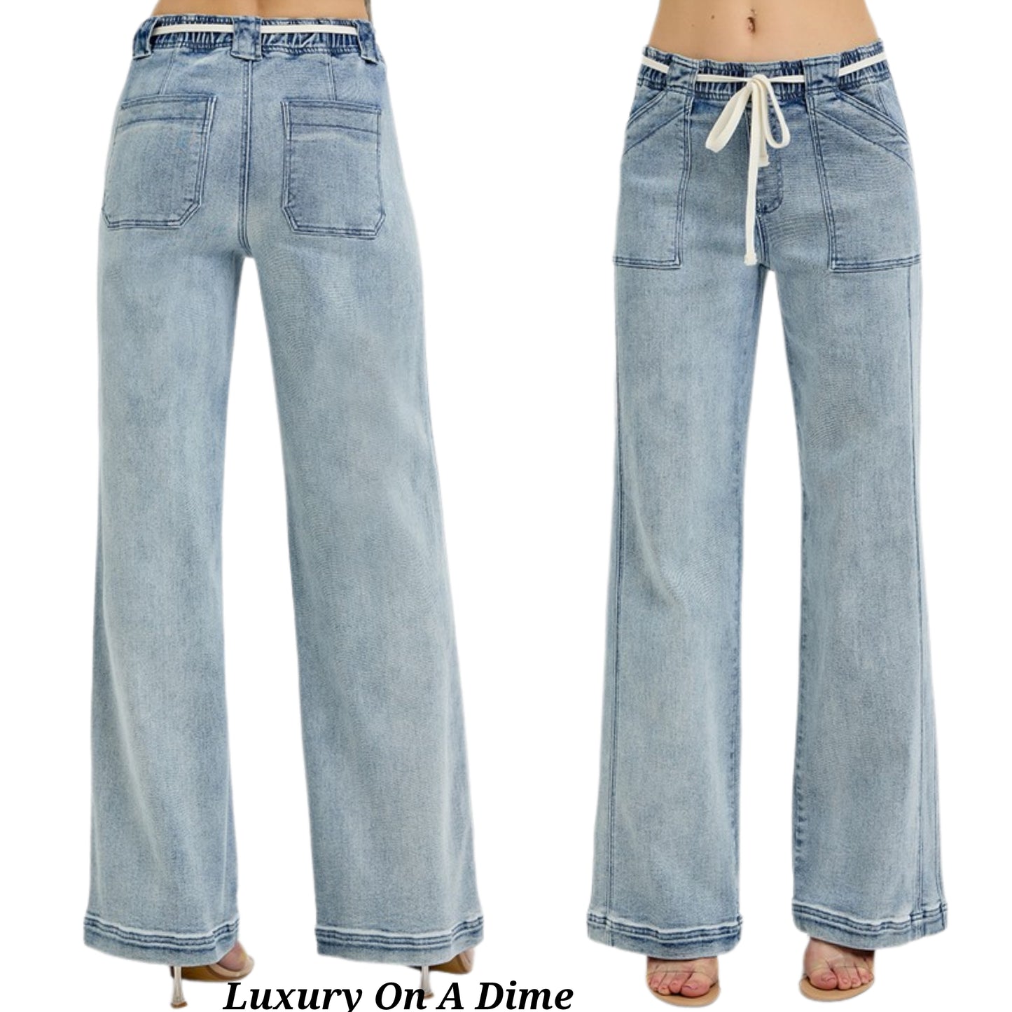 RISEN Elastic Waist Mid-Rise Straight Leg Boyfriend String Belt Jeans Denim Pants