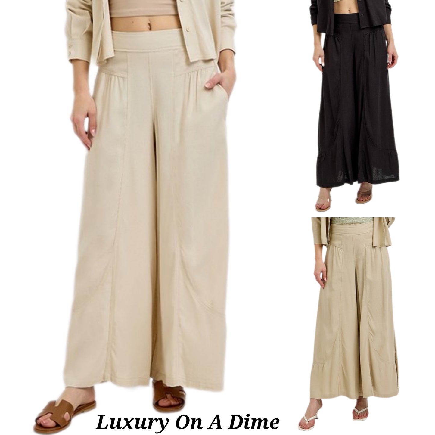 RISEN Elastic Waist High-Rise Harem Wide Leg Ruffle Hem Oversized Linen Blend Pants Tan