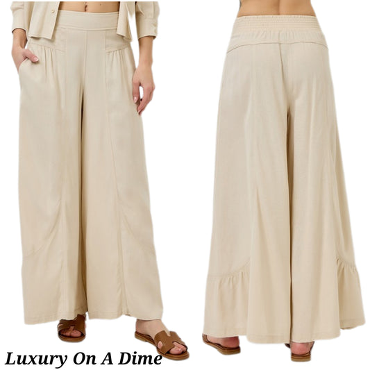 RISEN Elastic Waist High-Rise Harem Wide Leg Ruffle Hem Oversized Linen Blend Pants Taupe