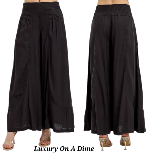 RISEN Elastic Waist High-Rise Harem Wide Leg Ruffle Hem Oversized Linen Blend Pants Black