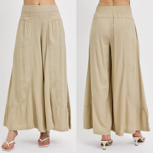 RISEN Elastic Waist High-Rise Harem Wide Leg Ruffle Hem Oversized Linen Blend Pants Tan