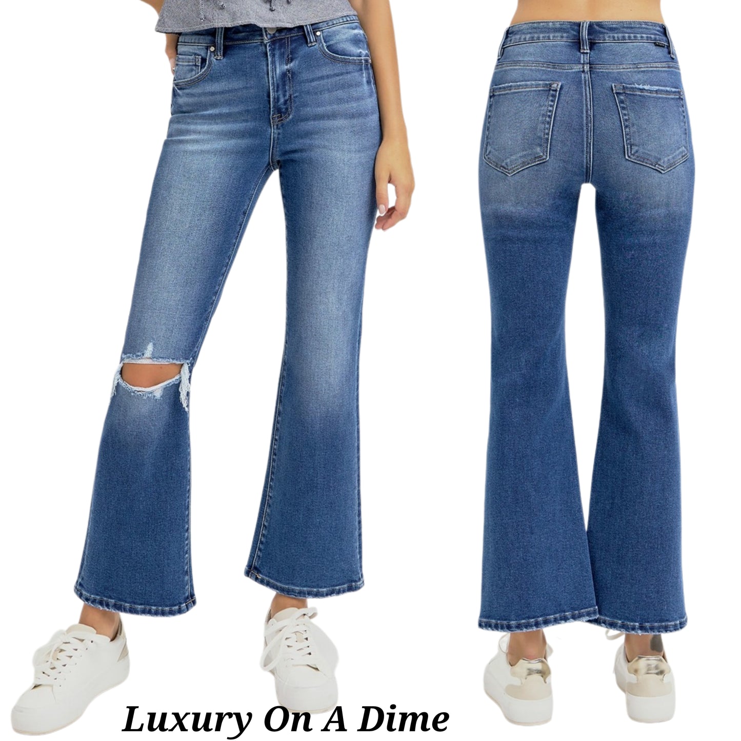 RISEN High-Rise Torn Hole Cropped Denim Slim Fit Jeans Distressed Flare Pants