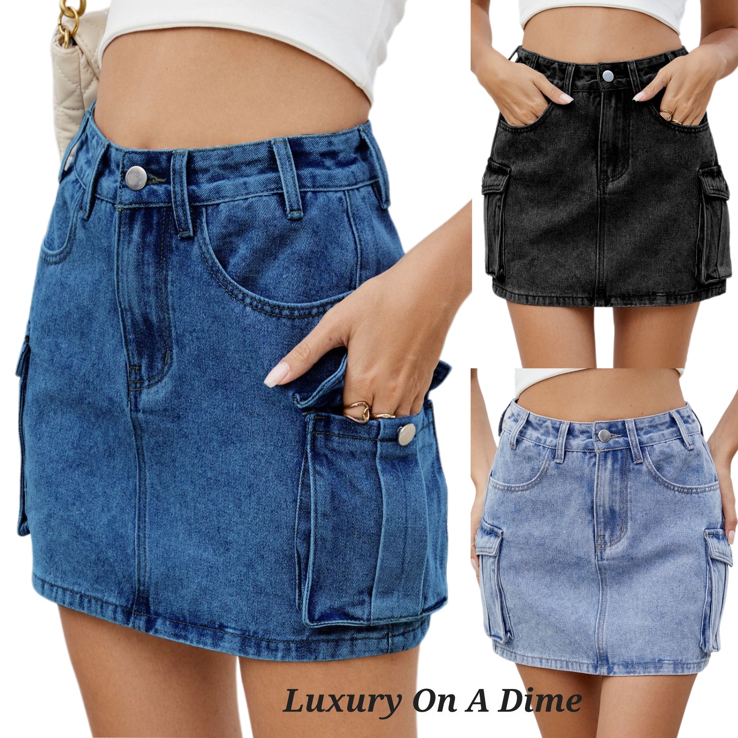 Denim Jean Skirt Mini 90s Retro Button Cargo Side Pocket High-Rise Waist Vintage Inspired