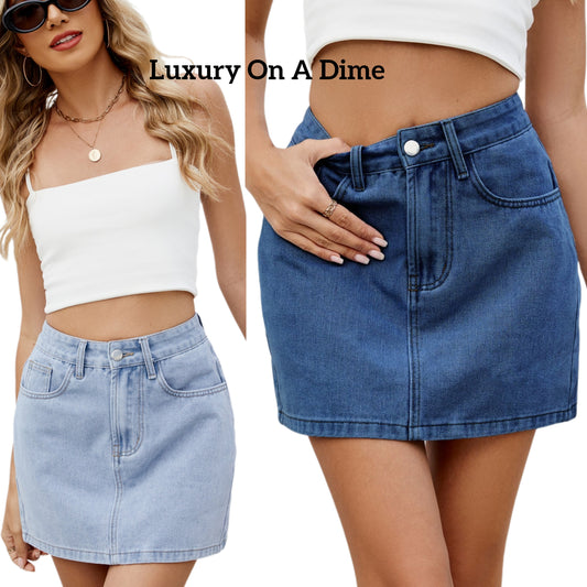 Retro High-Rise Waist Denim Skirt Button Fly Classic Blue Jean Pocket Mini Skirt