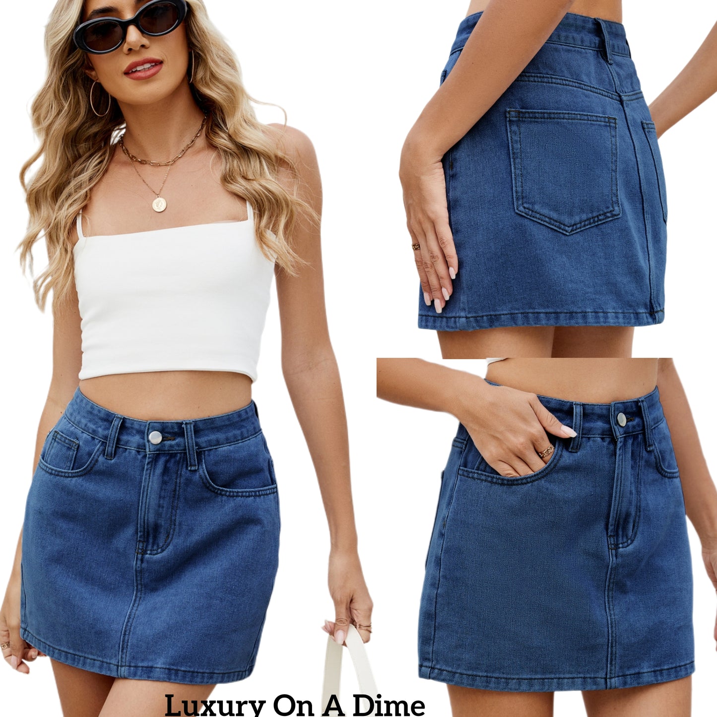 Retro High-Rise Waist Denim Skirt Button Fly Classic Blue Jean Pocket Mini Skirt