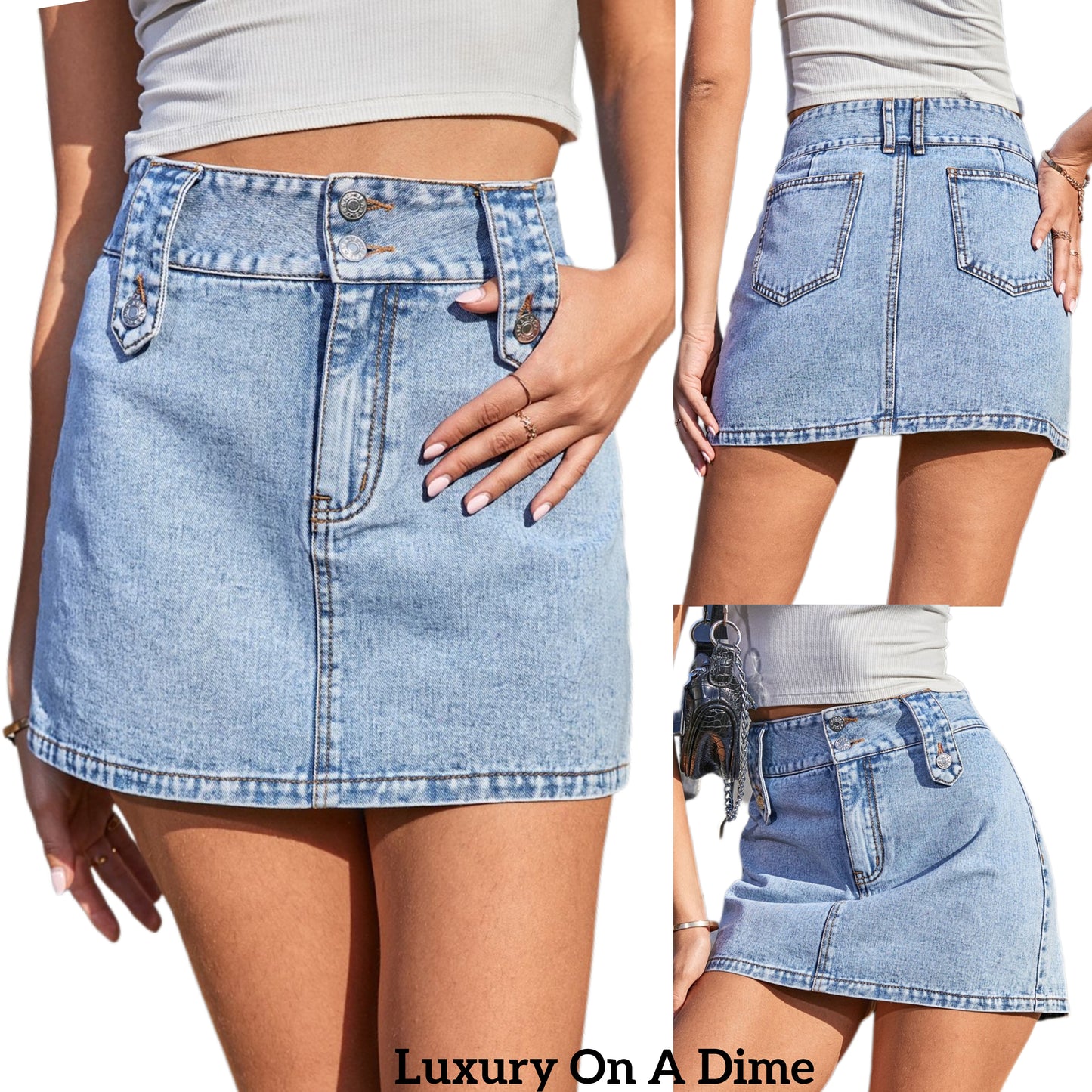 Retro High-Rise Waist Slim Double Button Wide Belt Loop Blue Jean Denim Mini Skirt