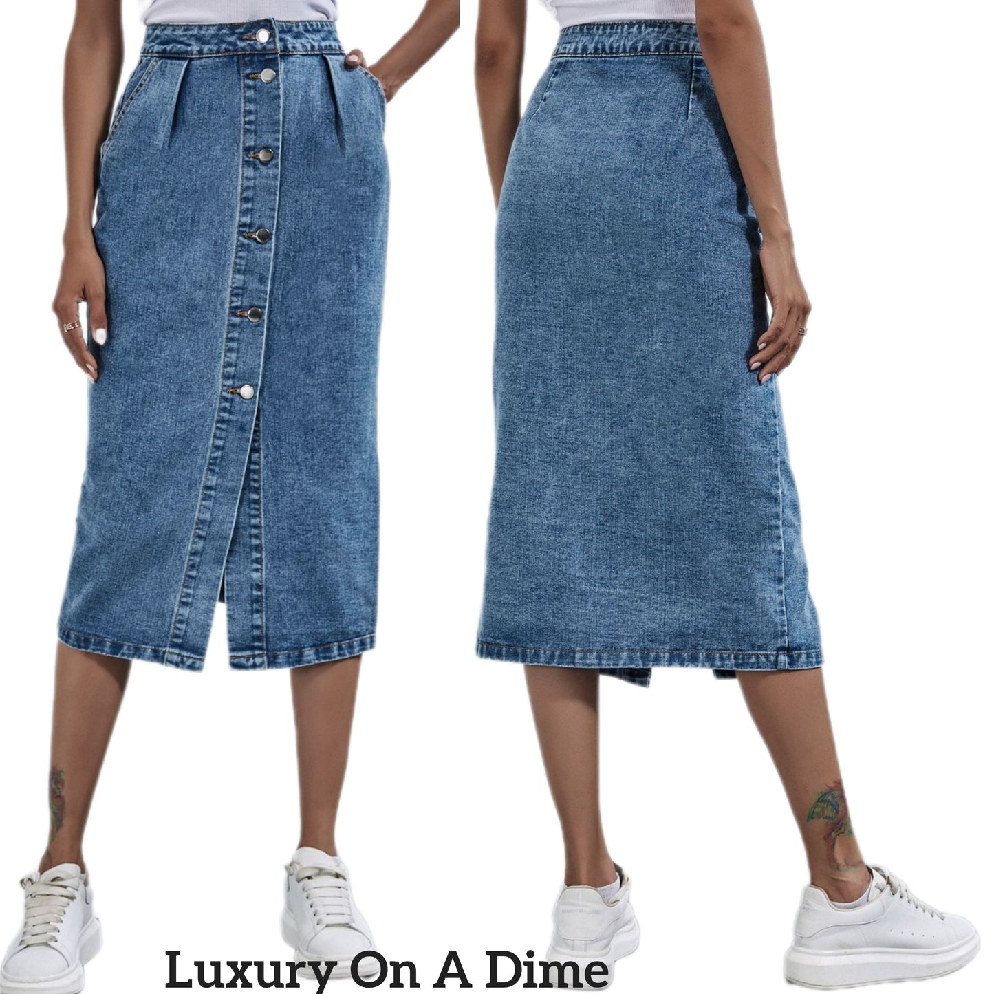 Retro High-Rise Waist Button Front Blue Jean Midi Denim Pocket Pencil Skirt