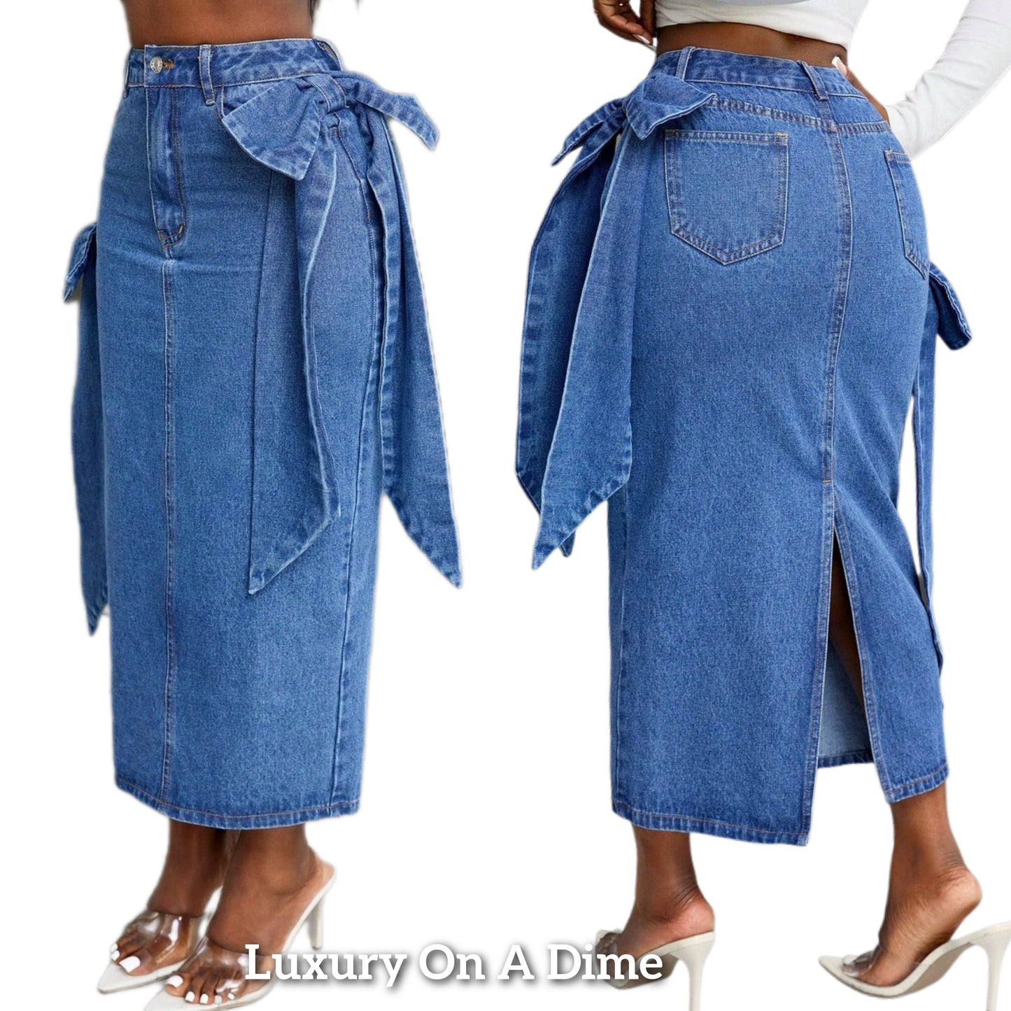 Side Bow High-Rise Waist Blue Jean Midi Back Slit Slim Fit Long Pencil Demin Skirt