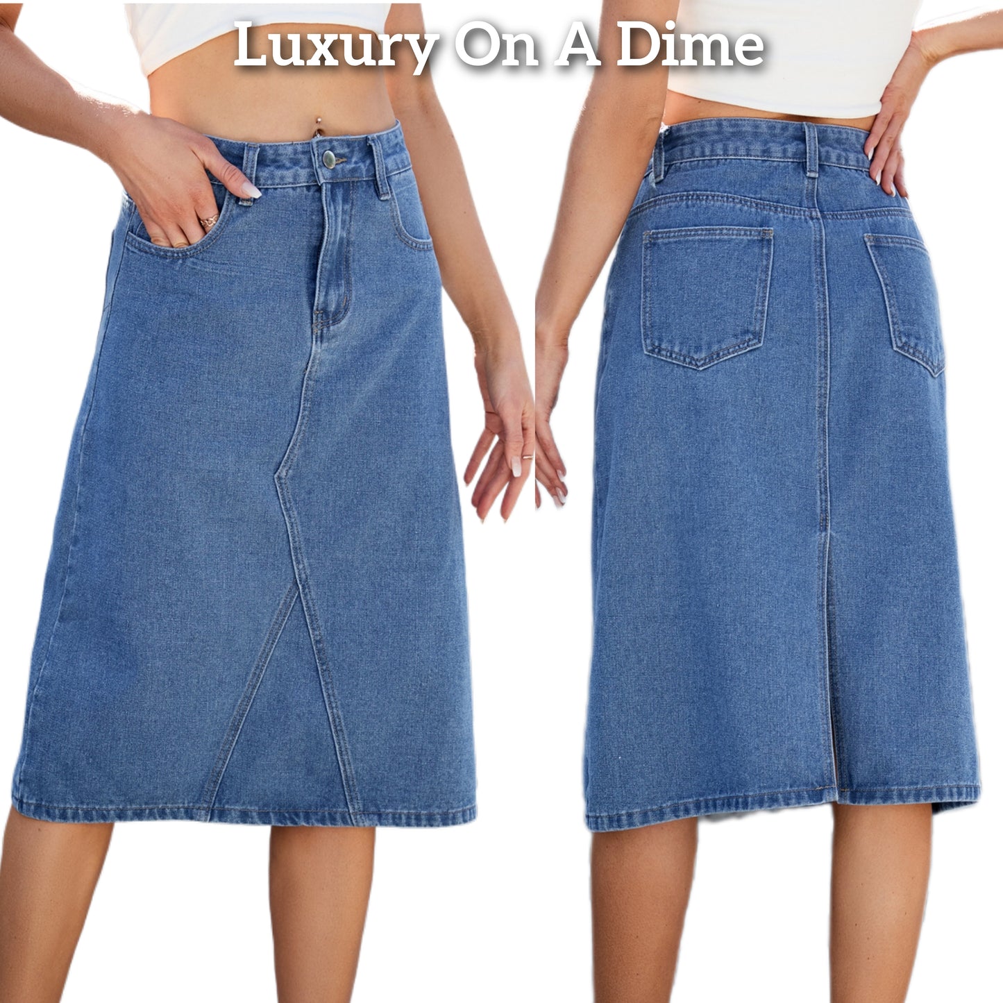 High-Rise Waist Blue Jean Knee Midi Back Slit Slim Fit Long Pencil Demin Skirt