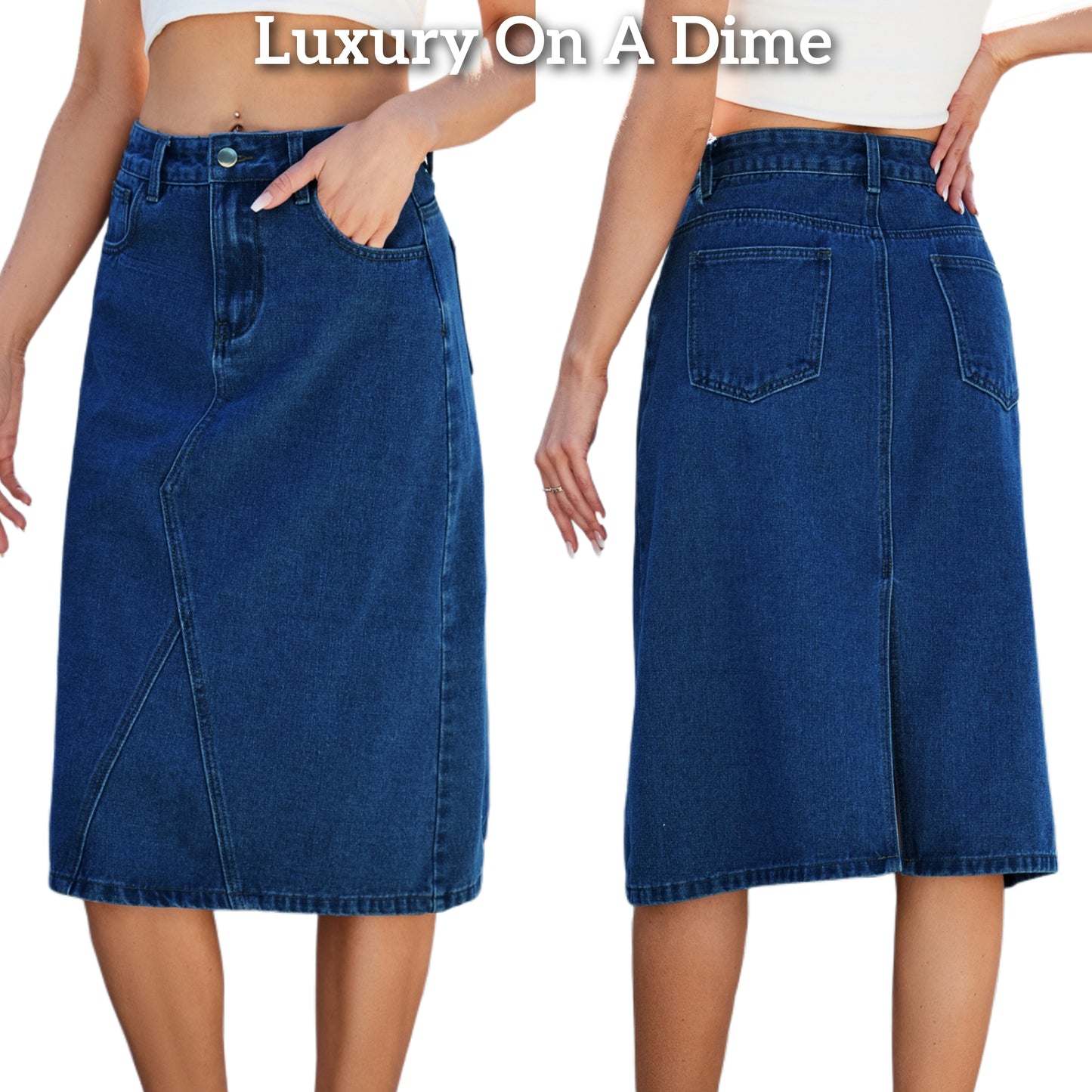 High-Rise Waist Blue Jean Knee Midi Back Slit Slim Fit Long Pencil Demin Skirt