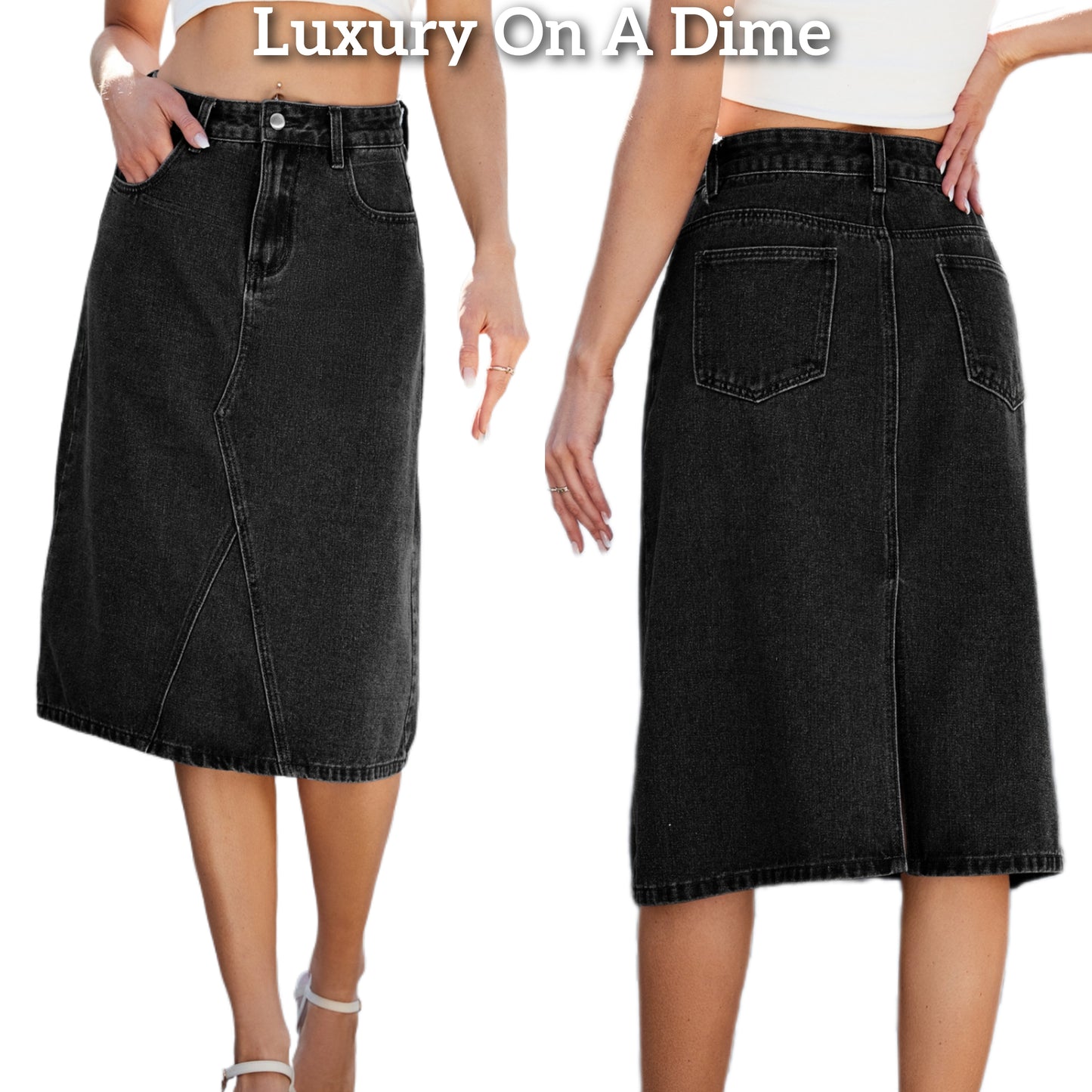 High-Rise Waist Blue Jean Knee Midi Back Slit Slim Fit Long Pencil Demin Skirt