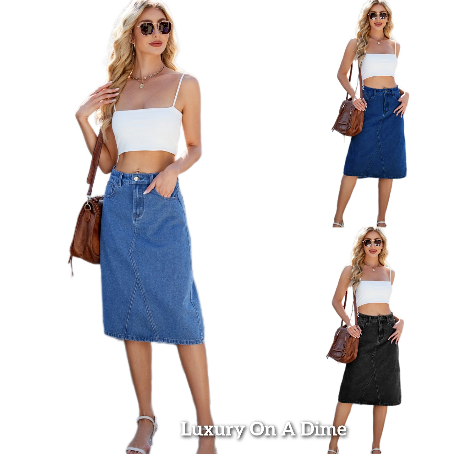 High-Rise Waist Blue Jean Knee Midi Back Slit Slim Fit Long Pencil Demin Skirt