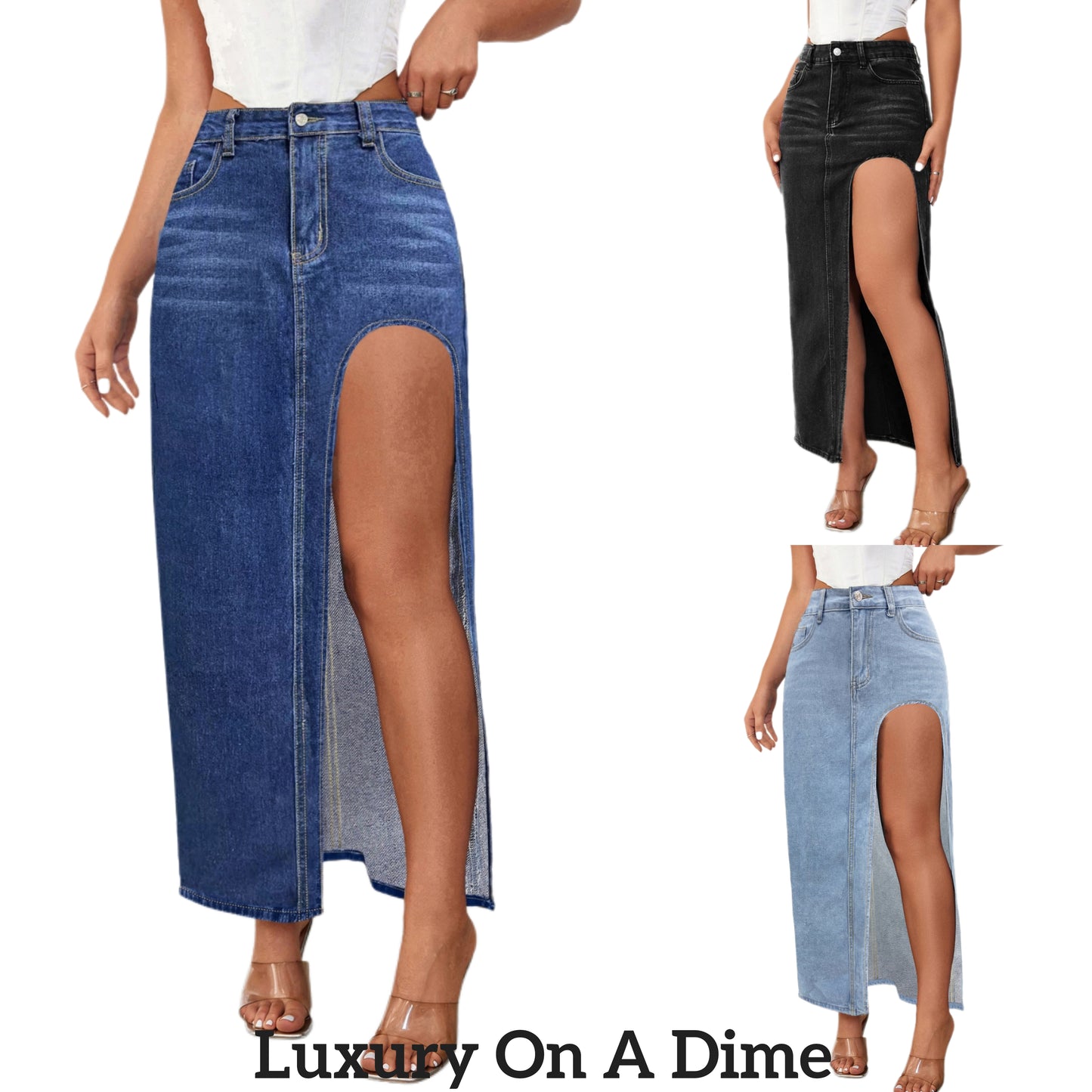 Cutout Denim Maxi High-Rise Waist Straight Long Full Length Pencil Jean Skirt