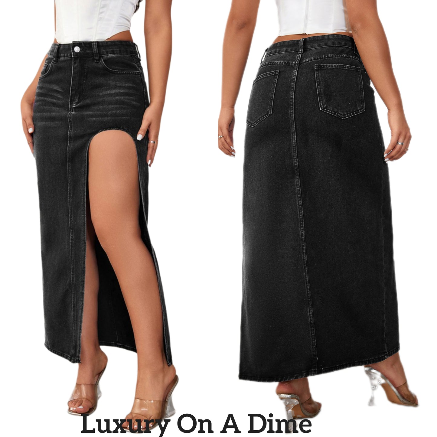 Cutout Denim Maxi High-Rise Waist Straight Long Full Length Pencil Jean Skirt