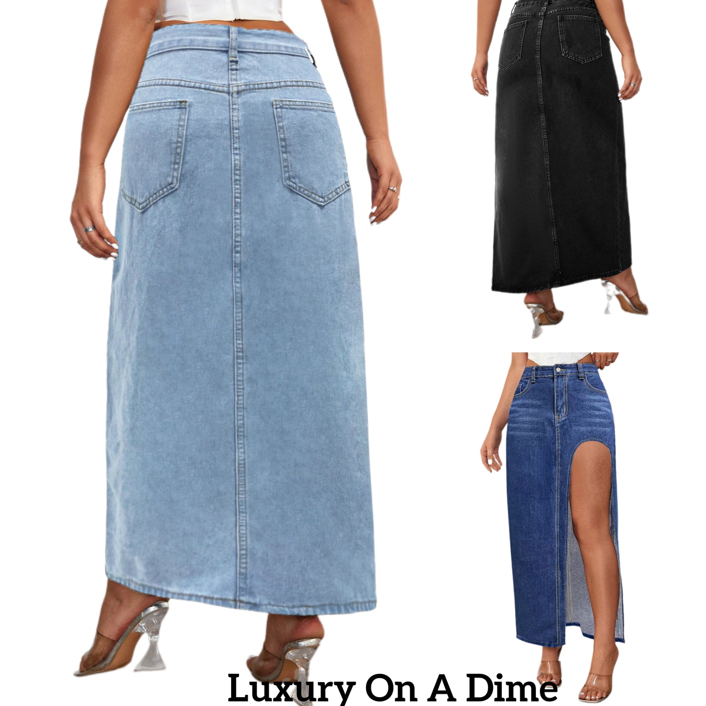 Cutout Denim Maxi High-Rise Waist Straight Long Full Length Pencil Jean Skirt