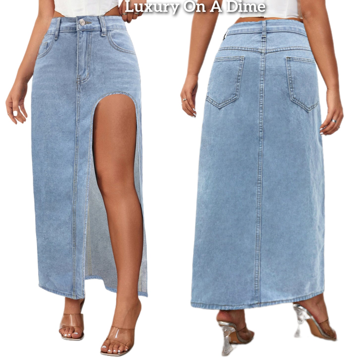 Cutout Denim Maxi High-Rise Waist Straight Long Full Length Pencil Jean Skirt