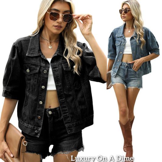 Classic Denim Jean Jacket Pleated Half Shorp Sleeve Button-up Collar Chest Pocket