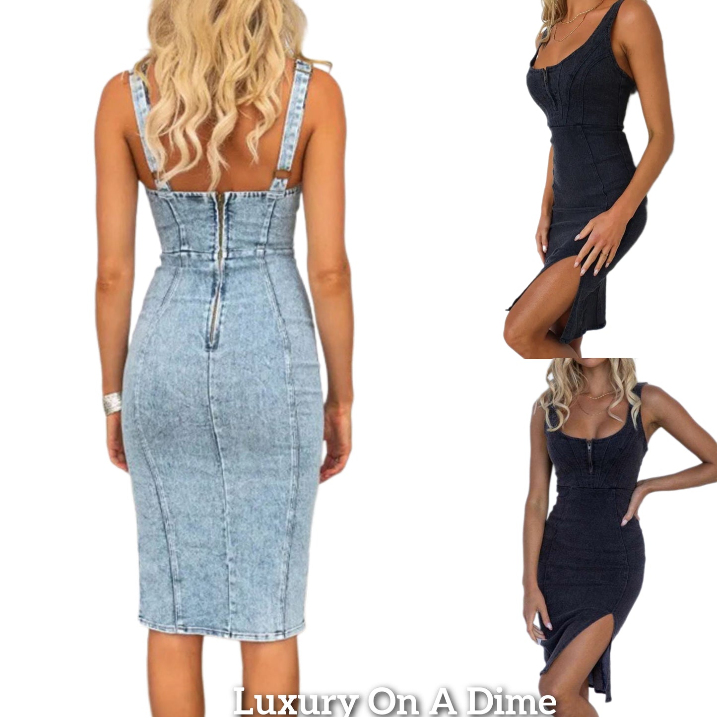 Retro Denim Mini Jean Dress Sleeveless Zipper Scoop Neck High Thigh Cutout Slit