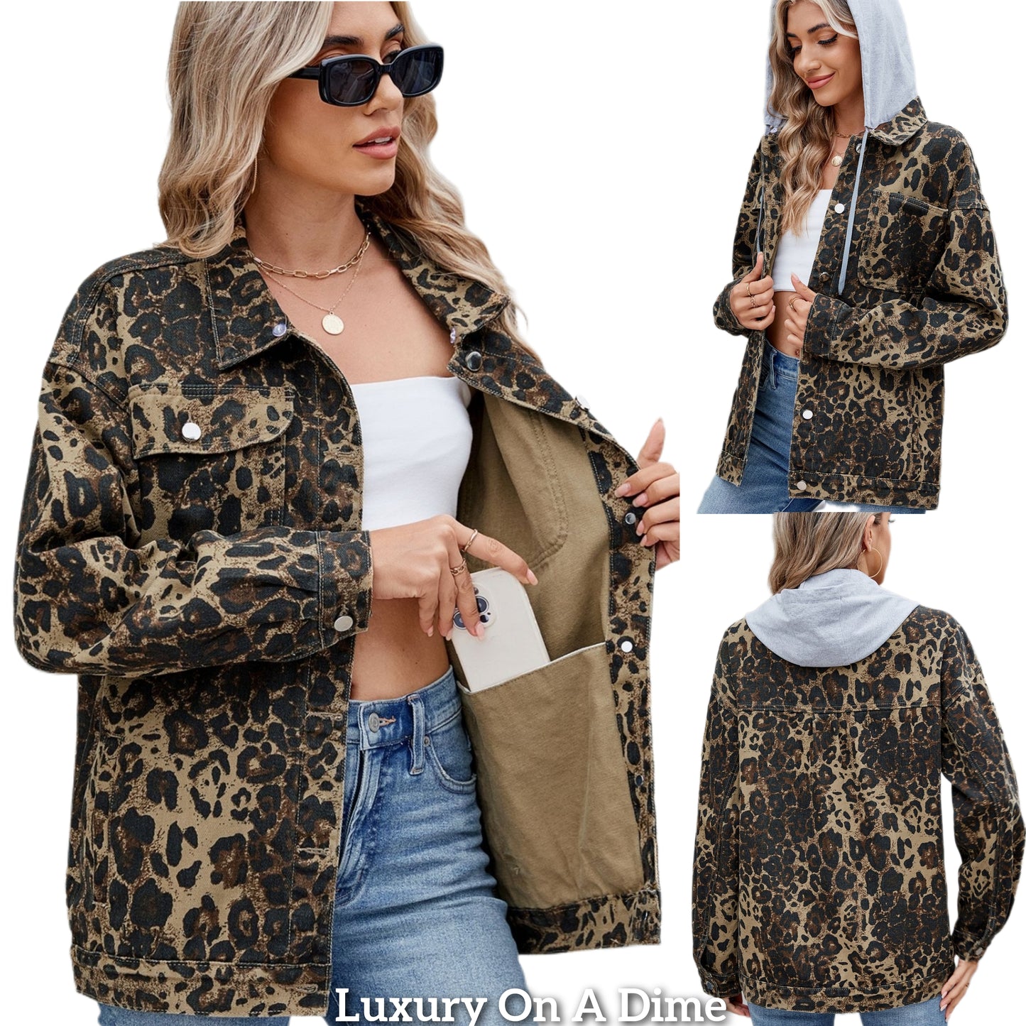 Oversized Leopard Denim Button-Up Jean Jacket Large Chest Pocket Optional Hidden Hood