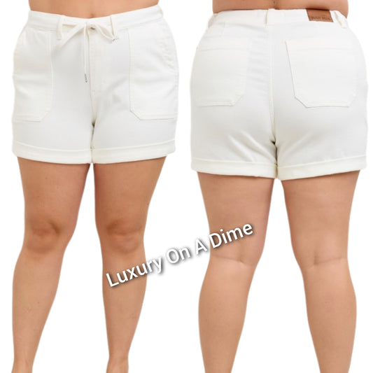 Judy Blue High-Rise Drawstring Waist Relaxed Fit White Denim Cuffed Jean Shorts Plus Size