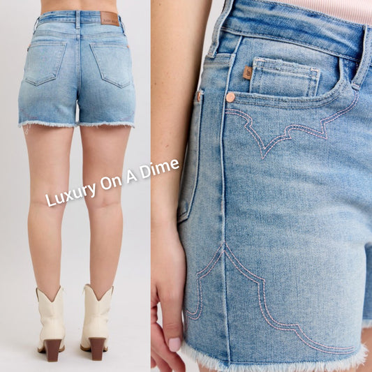 Judy Blue Western Embroidered High-Rise Cut-off Mid-length Frayed Hem Jean Shorts
