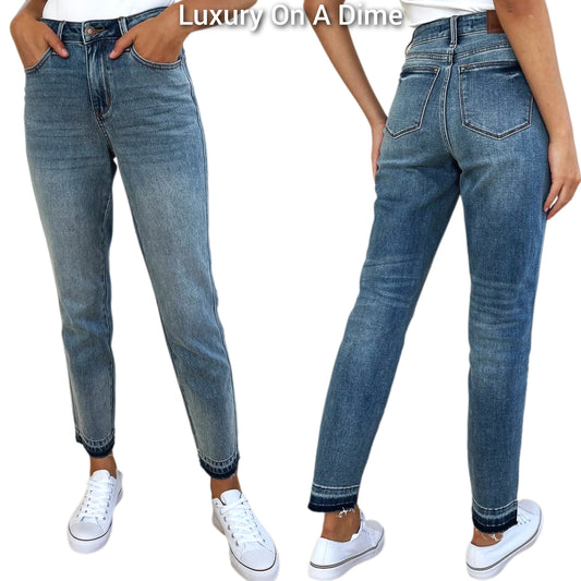 Judy Blue Mid-Rise Straight Leg Relaxed Mom Jeans Released Raw Hem Denim Pants