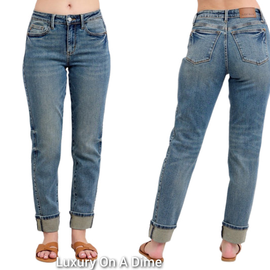 Judy Blue Mid-Rise Boyfriend Jeans Straight Leg Cuffed Hem Denim Pants