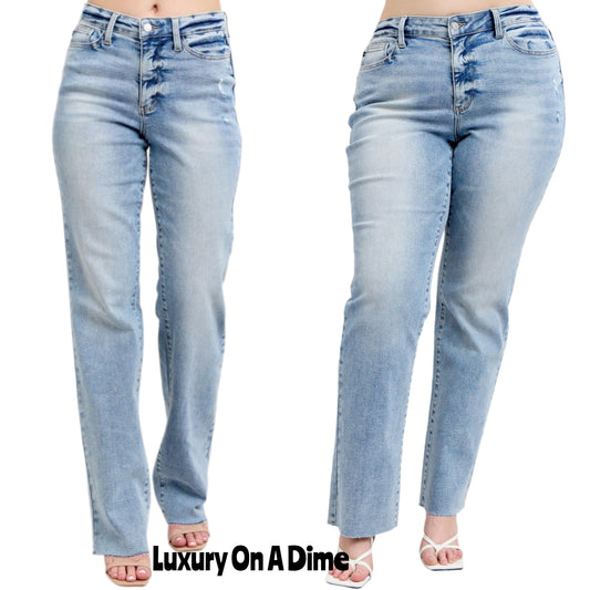 Judy Blue Mid-Rise Relax Dad Straight Leg Distressed Jeans Raw Hem Denim Pants