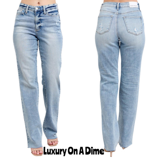 Judy Blue Mid-Rise Relax Dad Straight Leg Distressed Jeans Raw Hem Denim Pants