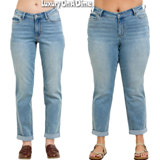 Judy Blue V-waist Mid-Rise Boyfriend Jeans Straight Leg Cuffed Hem Denim Pants Plus Size Available