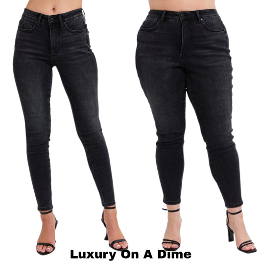 Judy Blue Tummy Control Mid-Rise Slim Fit Black Denim Skinny Jeans Ankle Pants Plus Size Available